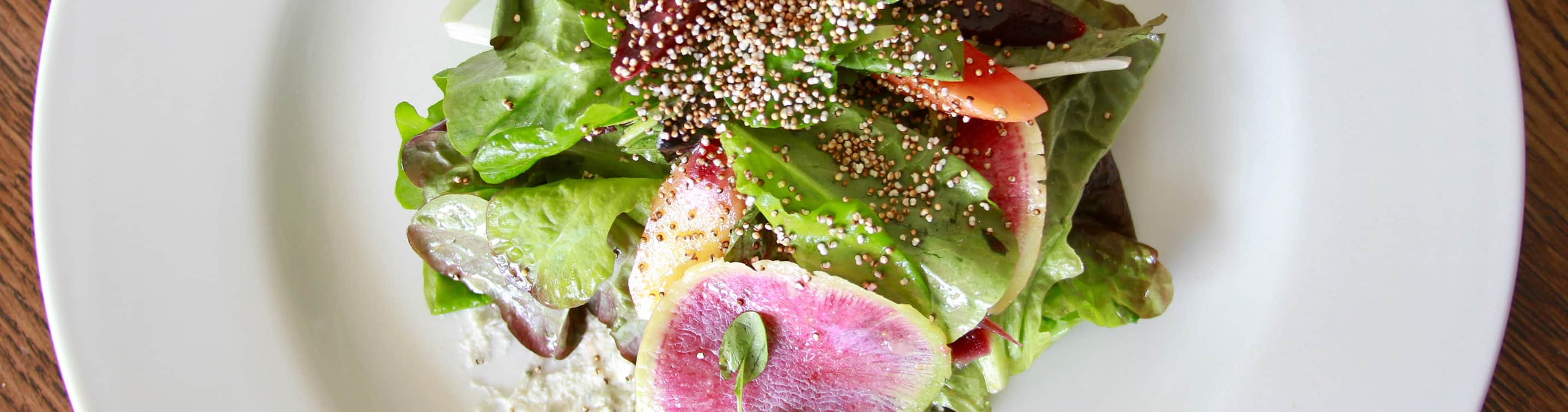 Seasonal garden greens salad with rainbow radishes and toasted quinoa at The Bistro in Jackson, Wyoming.