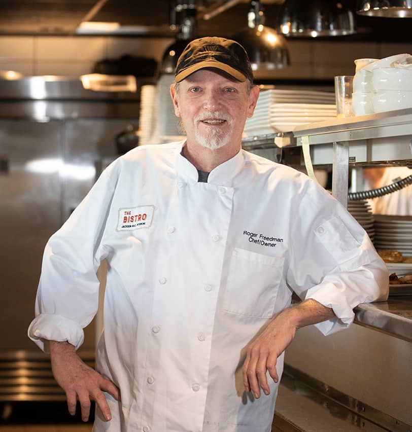 Portrait of Fine Dining Restaurant Group co-founder and owner Roger Freedman in the kitchen of The Bistro in Jackson, Wyoming.